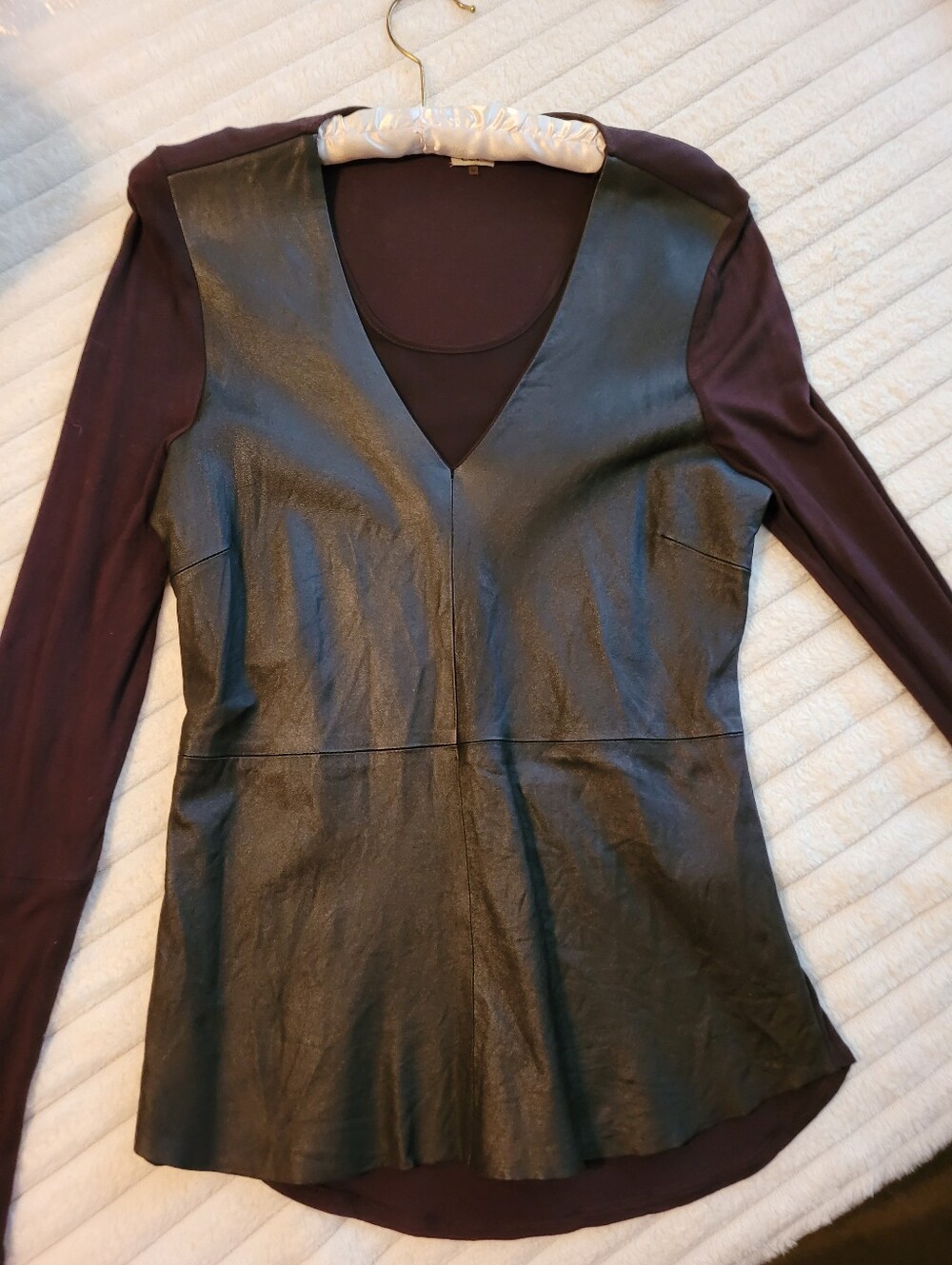 Womens Faux Leather Paneled Long Sleeve Top - Black